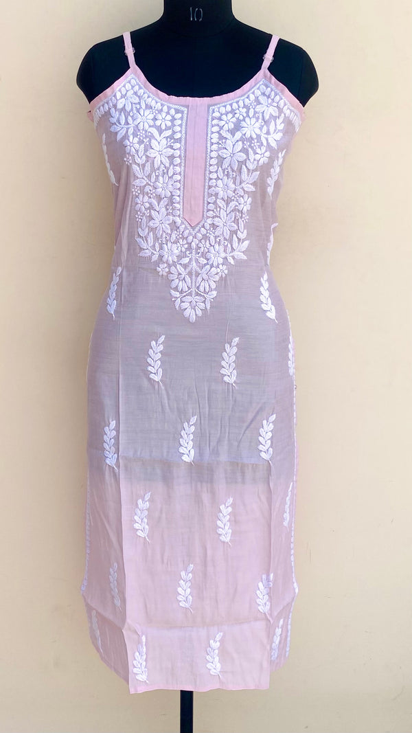 Lucknowi Chikankari Noodle Strap Kurti Pink Muslin Cotton