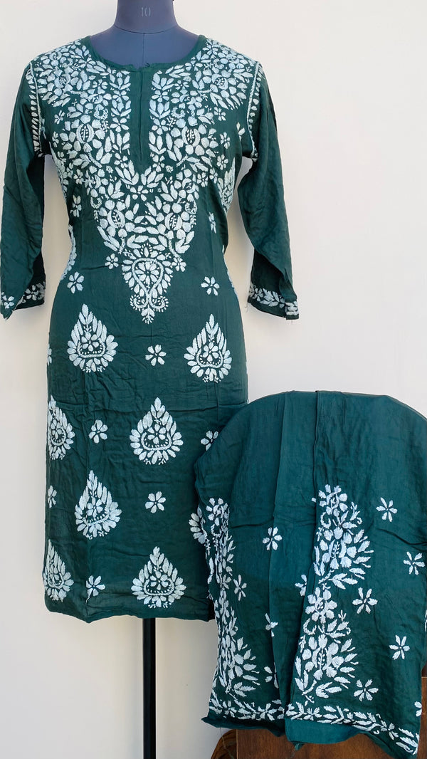 Lucknowi Chikankari Co-ord Set Bottle Green Modal Cotton