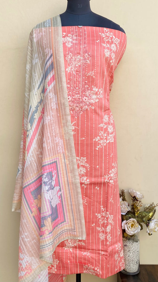 Designer Embroidered Suit Length 3 Piece Peach Mal Cotton