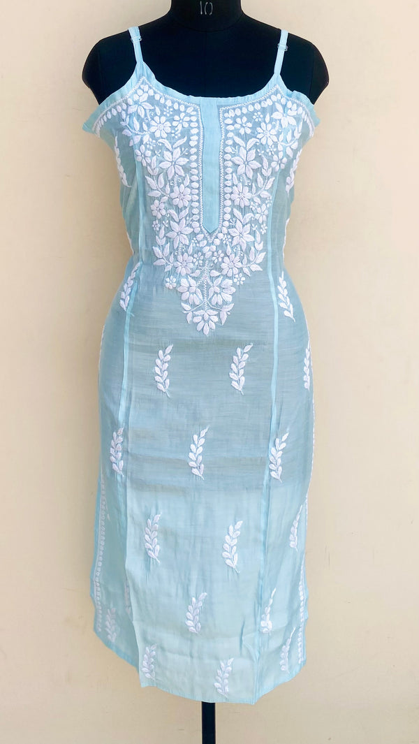 Lucknowi Chikankari Noodle Strap Kurti Blue Muslin Cotton