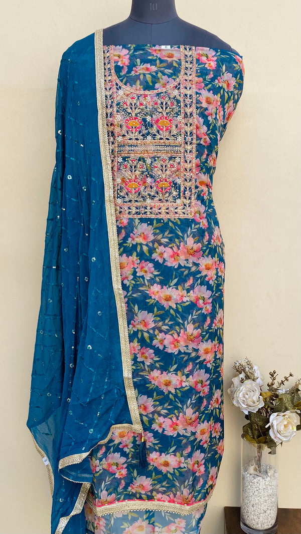 Designer Embroidered Suit Length 3 Piece Blue Orangza With Cutdana & Pearl Work