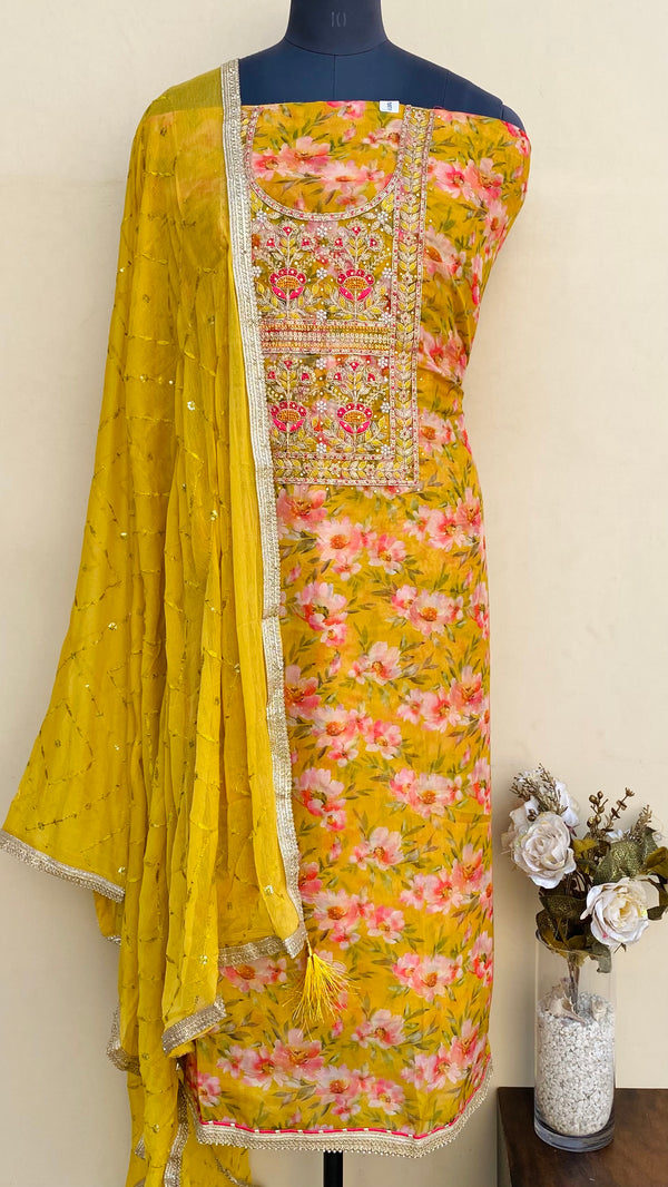 Designer Embroidered Suit Length 3 Piece Yellow Organza With Cutdana & Pearl Work