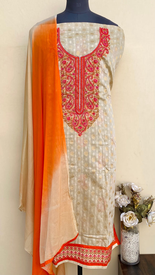 Designer Embroidered Suit Length 3 Piece Cream Mal Chanderi With Pearl Work