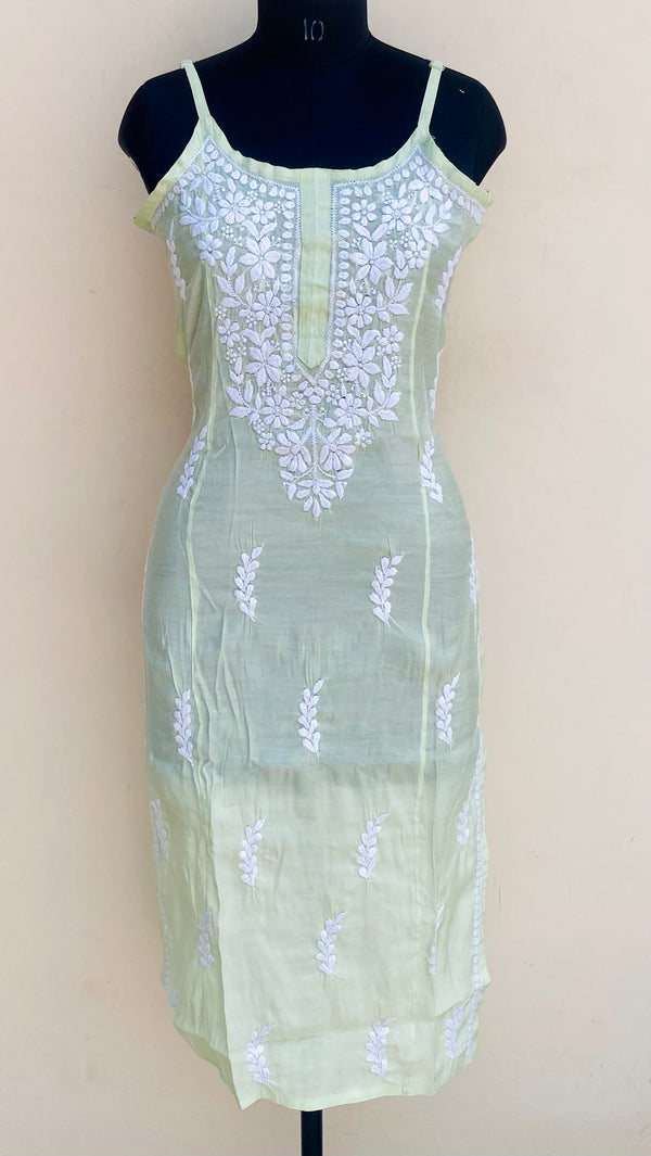 Lucknowi Chikankari Noodle Strap Kurti Mint Green Muslin Cotton