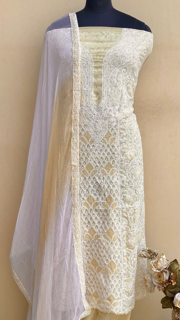 Lucknowi Chikankari Suit Length 3 Piece Beige Mulmul Cotton With Jaali Work