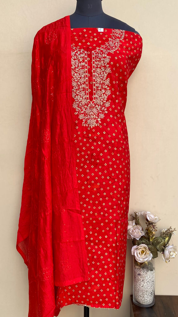 Designer Embroidered Suit Length 3 Piece Red Muslin Cotton