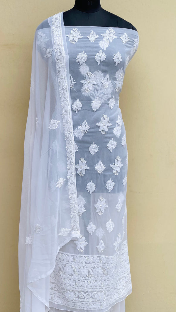 Lucknowi Chikankari Suit Length 3 Piece White Georgette