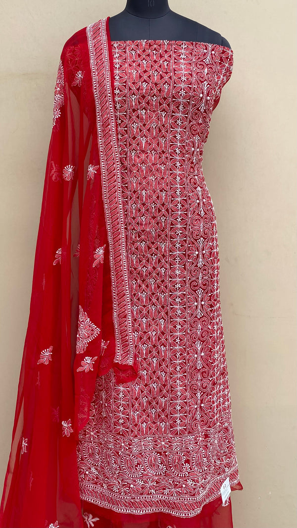 Lucknowi Chikankari Suit Length 3 Piece Red Georgette