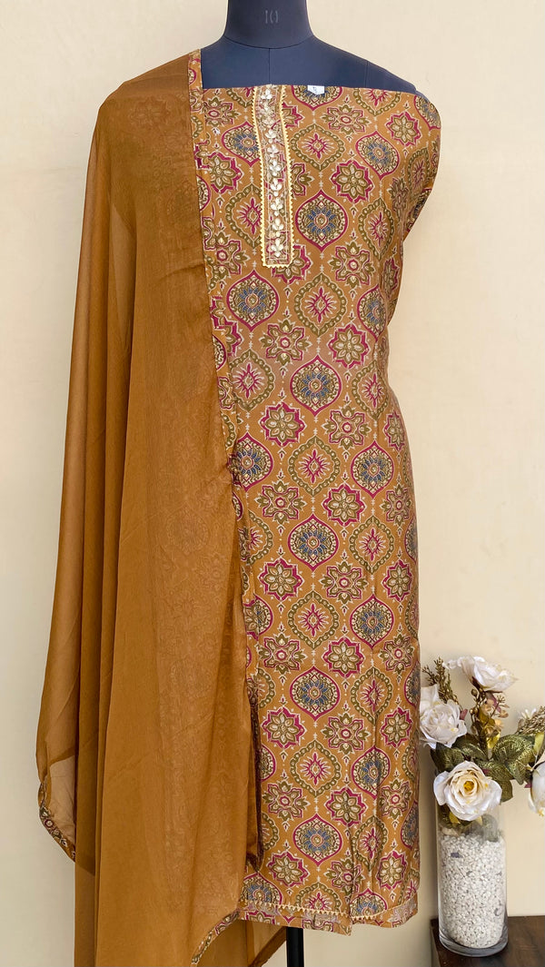 Designer Embroidered Suit Length 3 Piece Brown Muslin Cotton