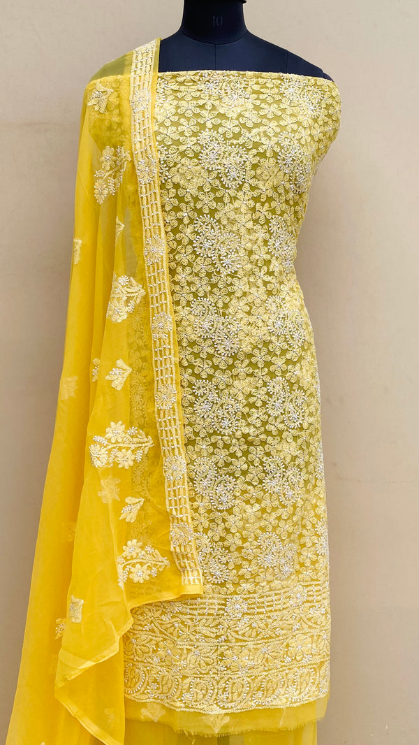 Lucknowi Chikankari Suit Length 3 Piece Yellow Georgette