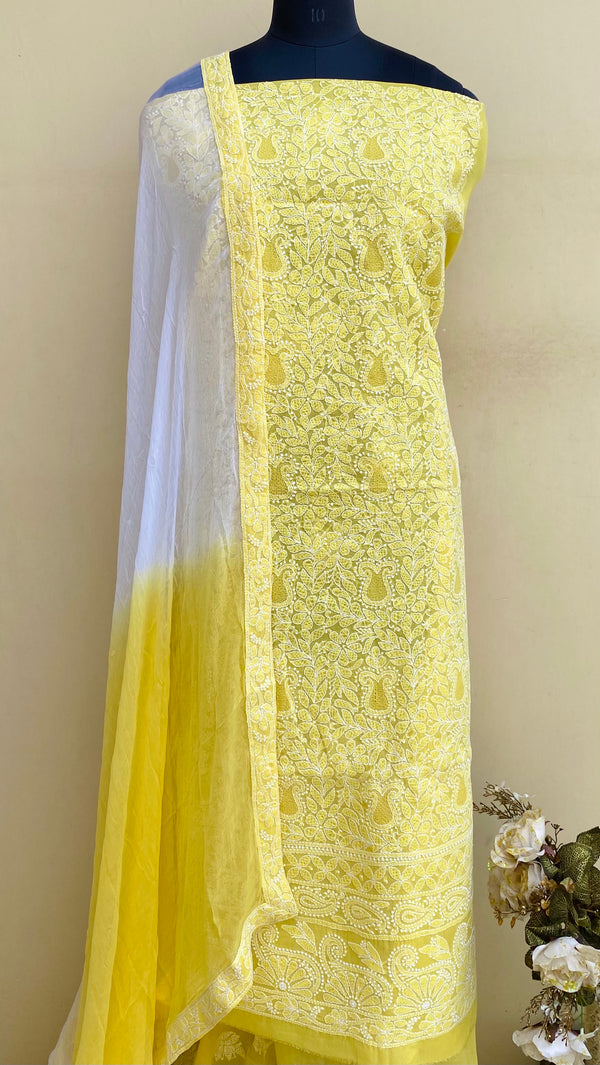 Lucknowi Chikankari Suit Length 3 Piece Yellow Cotton With Jaali Work