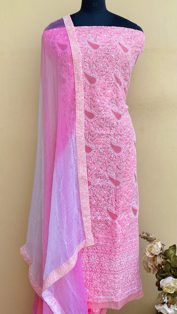 Lucknowi Chikankari Suit Length 3 Piece Pink Mulmul Cotton With Jaali Work