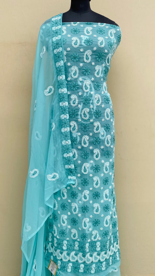 Lucknowi Chikankari Suit Length 3 Piece Sea Green Georgette