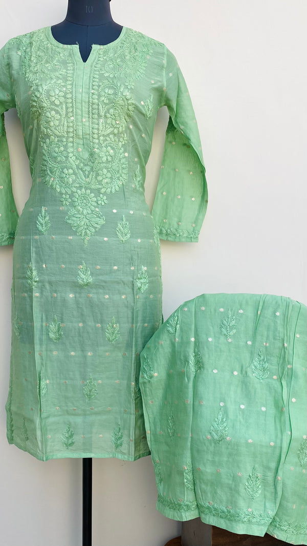 Lucknowi Chikankari Co-ord Set Green Mal Chanderi With Self Work