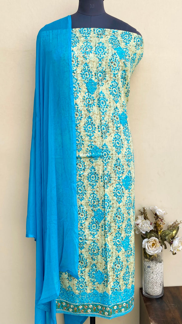 Designer Embroidered Suit Length 3 Piece Blue Mal Cotton