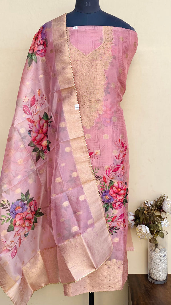 Designer Embroidered Suit Length 3 Piece Pink Organza