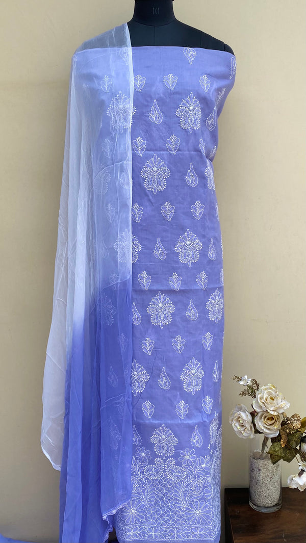 Lucknowi Chikankari Suit Length 3 Piece Purple Cotton