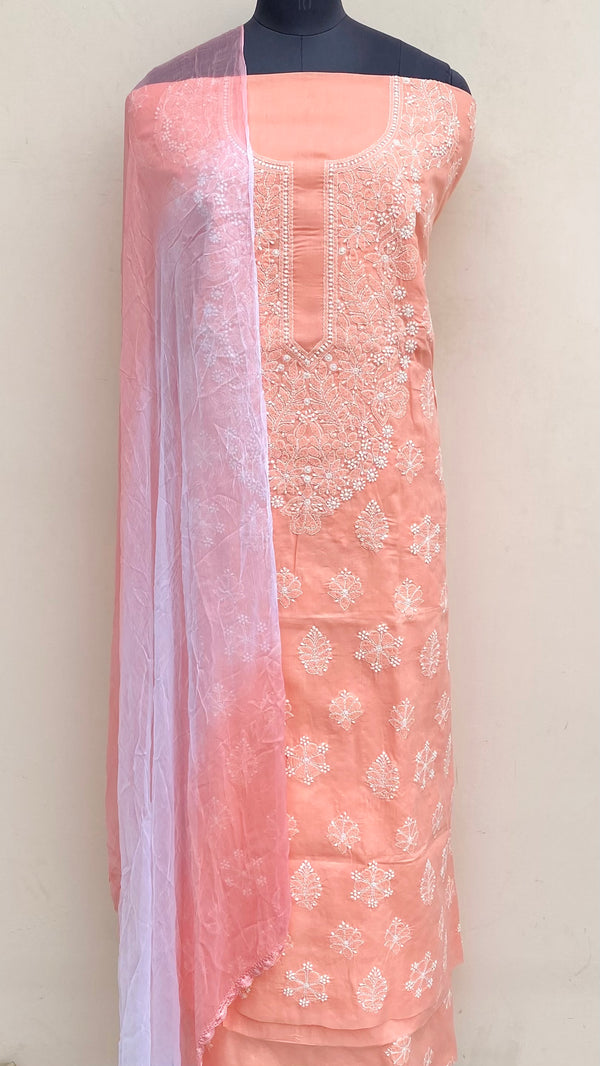 Lucknowi Chikankari Suit Length 3 Piece Peach Cotton