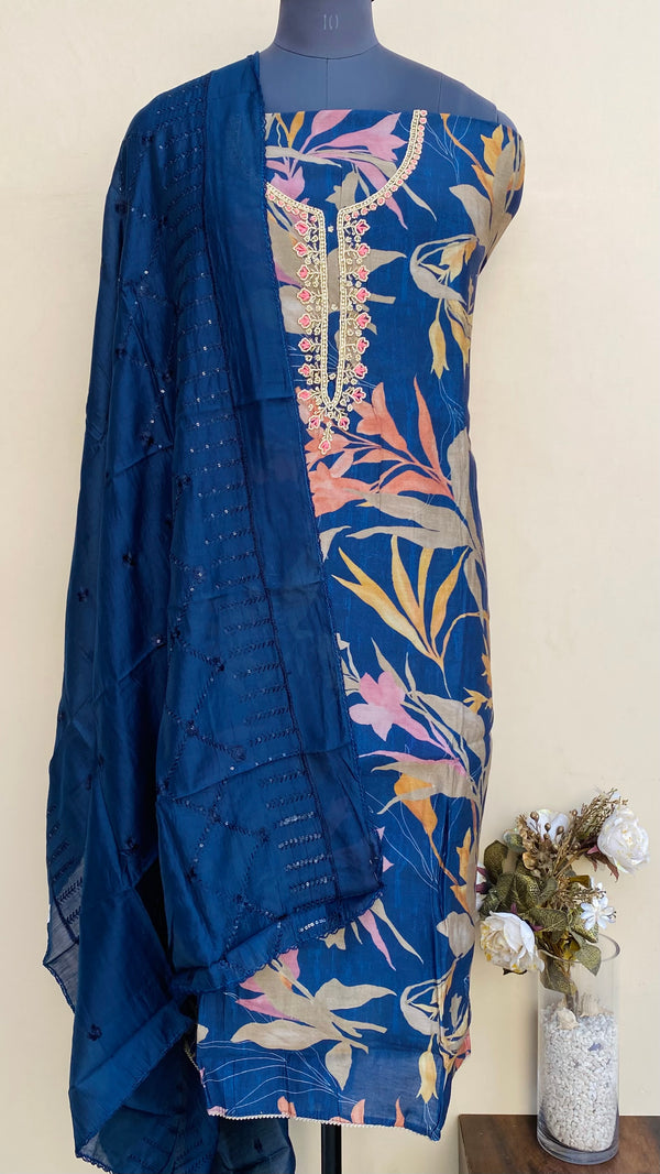 Designer Embroidered Suit Length 3 Piece Navy Blue Muslin Cotton With Pearl & Cutdana Work