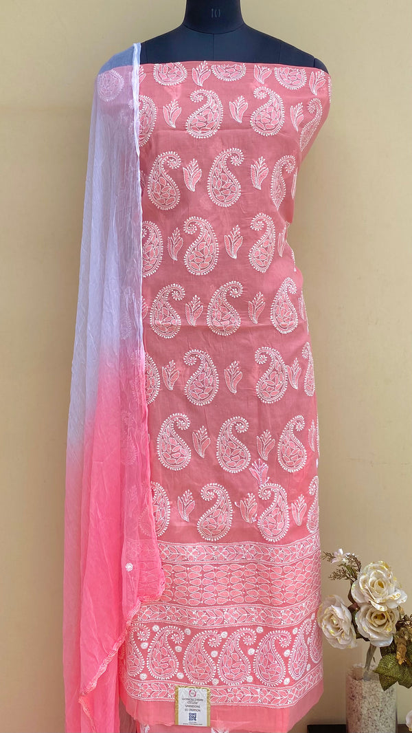 Lucknowi Chikankari Suit Length 3 Piece Pink Cotton