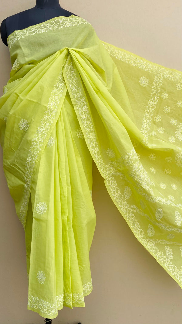 Lucknowi Chikankari Saree Parrot Green Cotton