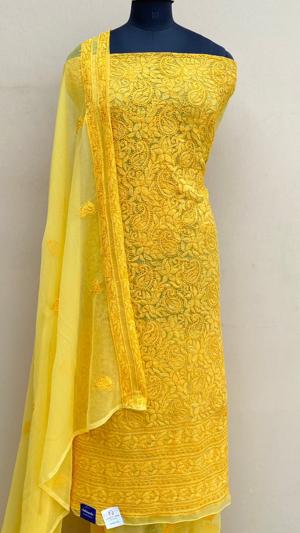 Lucknowi Chikankari Suit Length 3 Piece Yellow Georgette