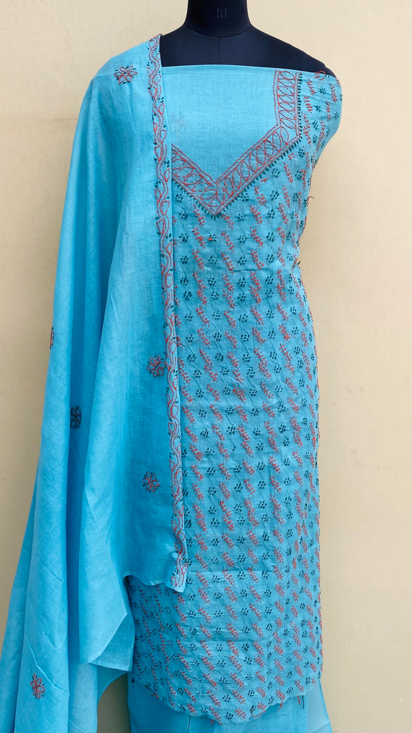 Lucknowi Chikankari Suit Length 3 Piece Blue Cotton With Embroidered Cotton Dupatta