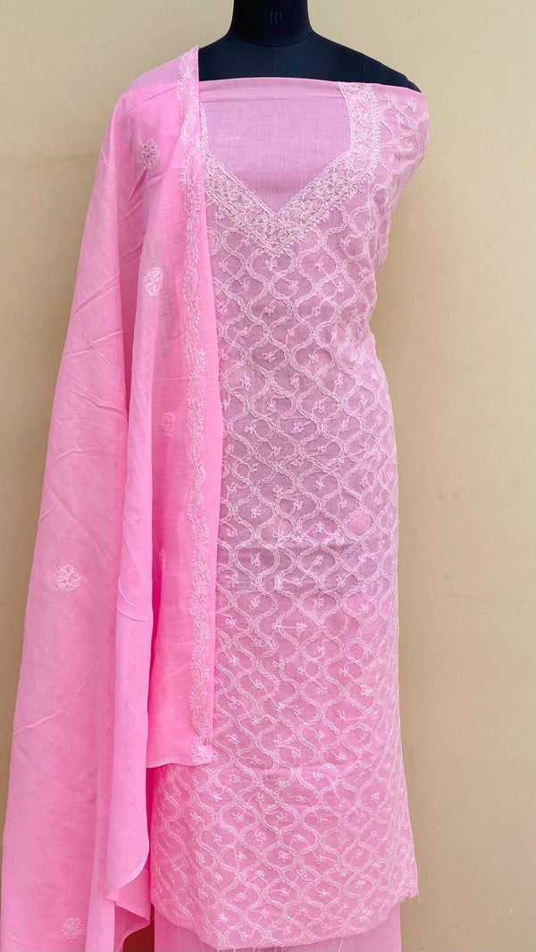 Lucknowi Chikankari Suit Length 3 Piece Pink Cotton With Embroidered Cotton Dupatta