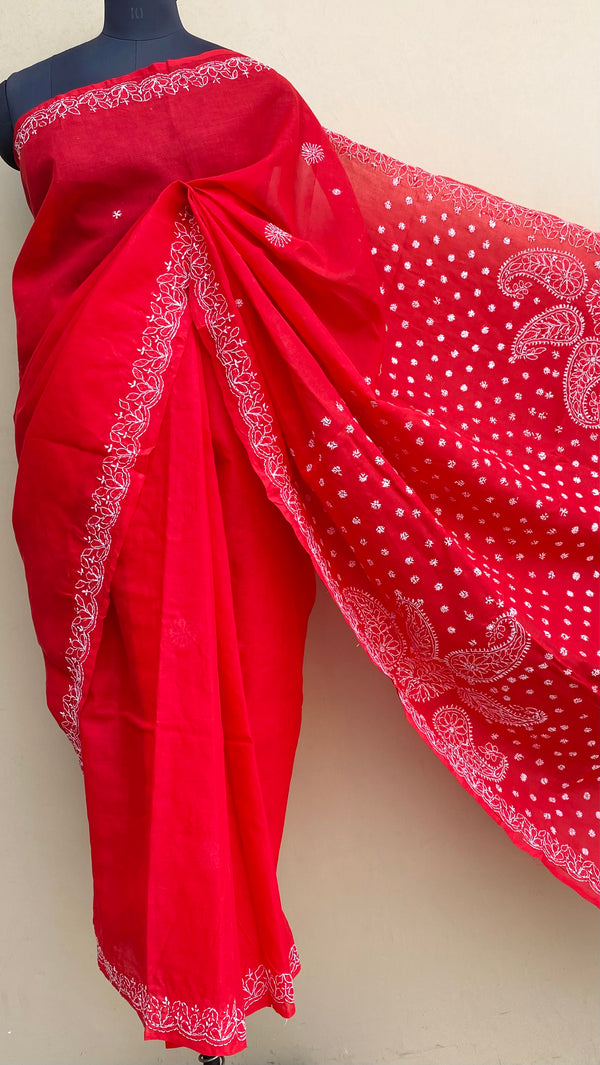 Lucknowi Chikankari Saree Red Cotton