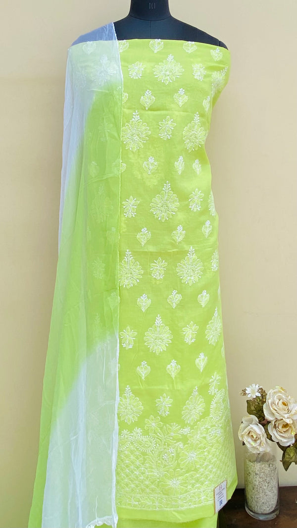 Lucknowi Chikankari Suit Length 3 Piece Parrot Green Cotton