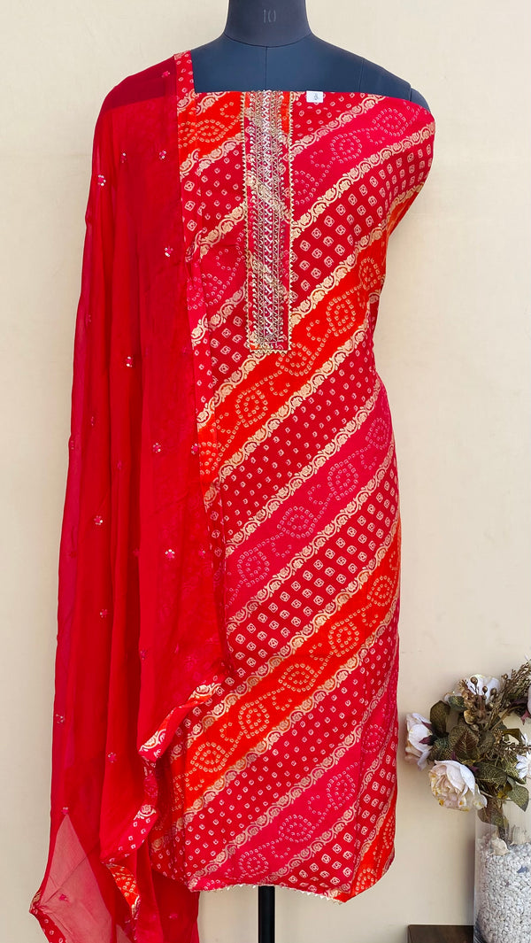 Designer Embroidered Suit Length 3 Piece Red Muslin Cotton With Pearl & Cutdana Work