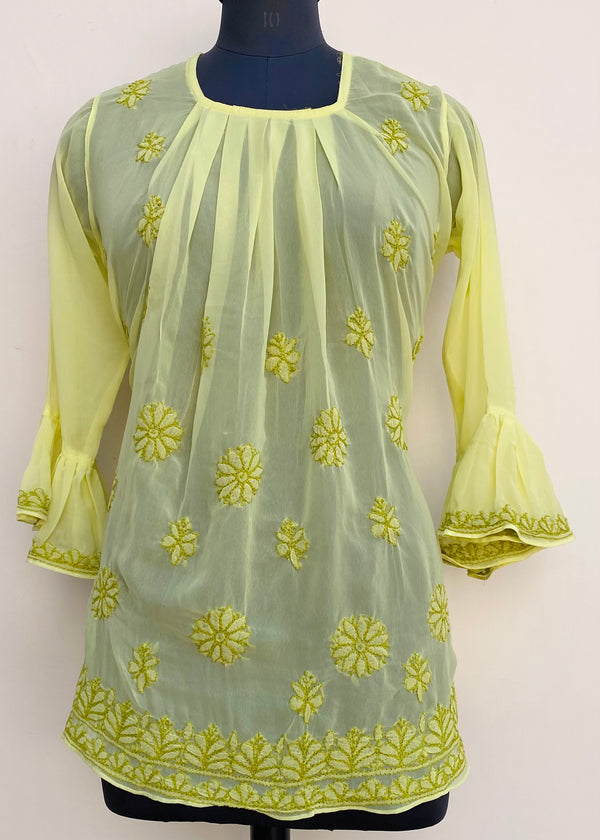 Lucknowi Chikankari Short Kurti Lemon Yellow Georgette