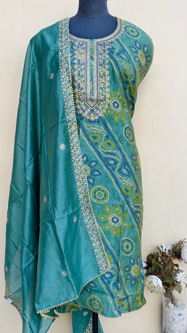 Designer Embroidered Suit Length 3 Piece Green Muslin Cotton With Sequence Work