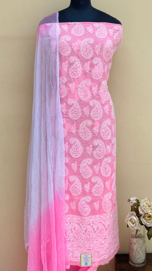 Lucknowi Chikankari Suit Length 3 Piece Pink Mulmul Cotton