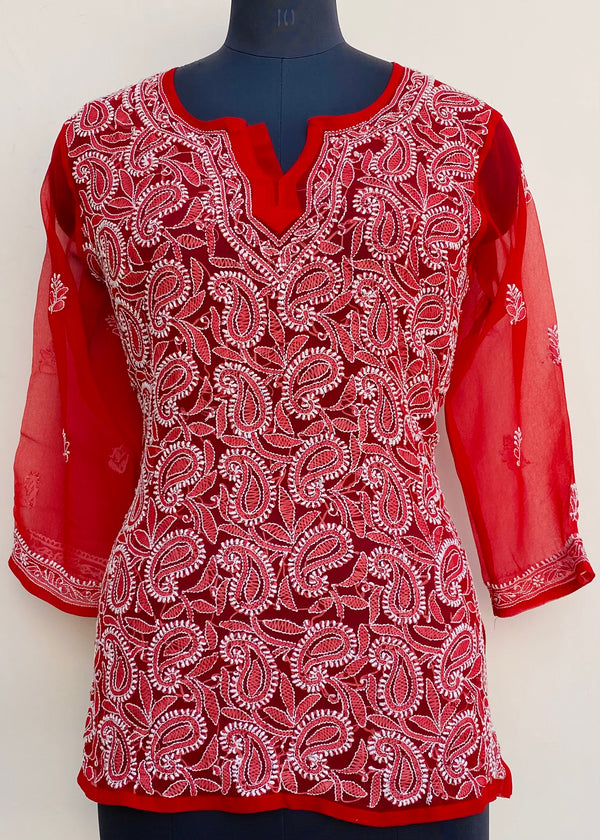 Lucknowi Chikankari Short Kurti Red Georgette