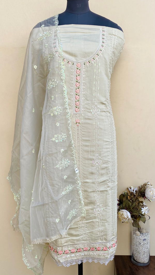 Designer Embroidered Suit Length 3 Piece Beige Muslin Cotton With Sequence & Cutdana Work