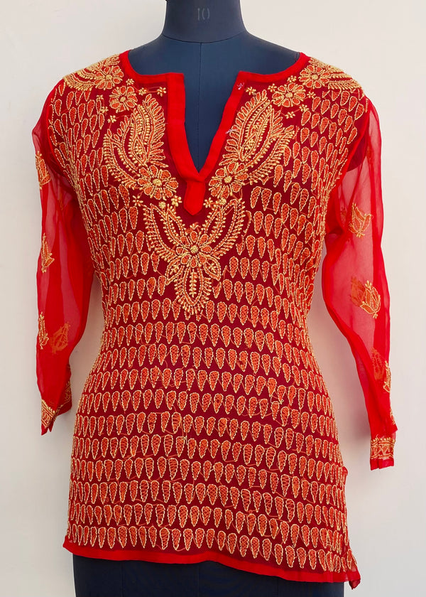 Lucknowi Chikankari Short Kurti Red Georgette