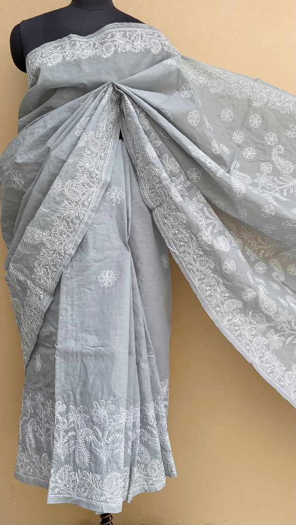 Lucknowi Chikankari Saree Gray Cotton