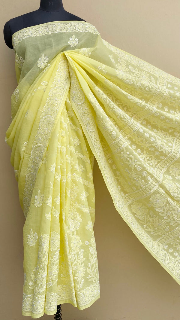 Lucknowi Chikankari Saree Lemon Yellow Cotton