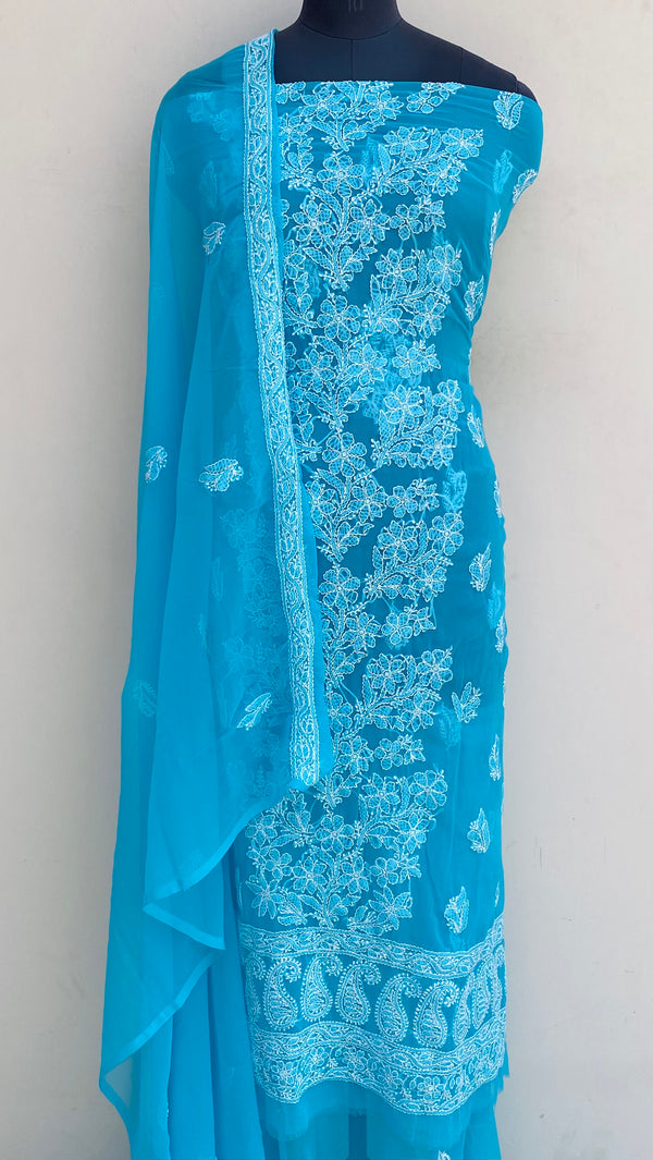Lucknowi Chikankari Suit Length 3 Piece Blue Georgette