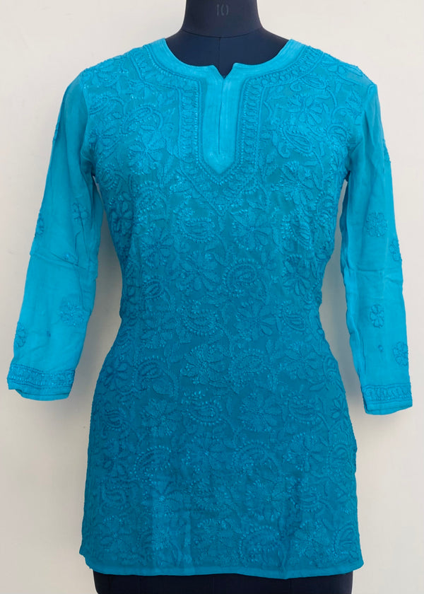 Lucknowi Chikankari Ombre Short Kurti Blue Pure Georgette