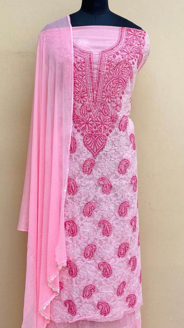 Lucknowi Chikankari Suit Length 3 Piece Pink Cotton