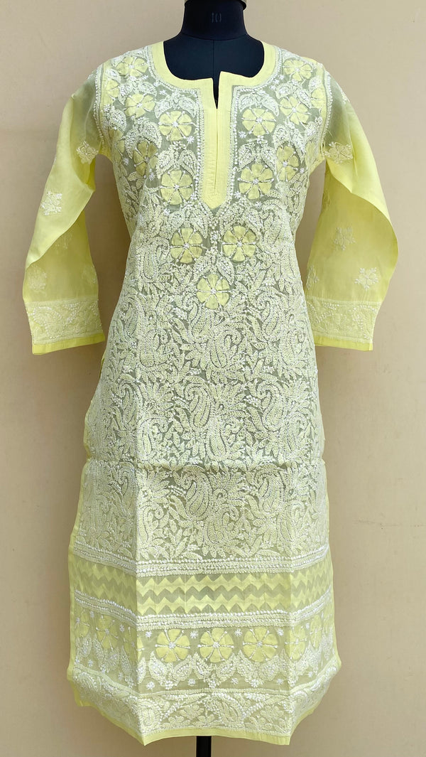 Lucknowi Chikankari Kurti Lemon Yellow Cotton With Applique Work