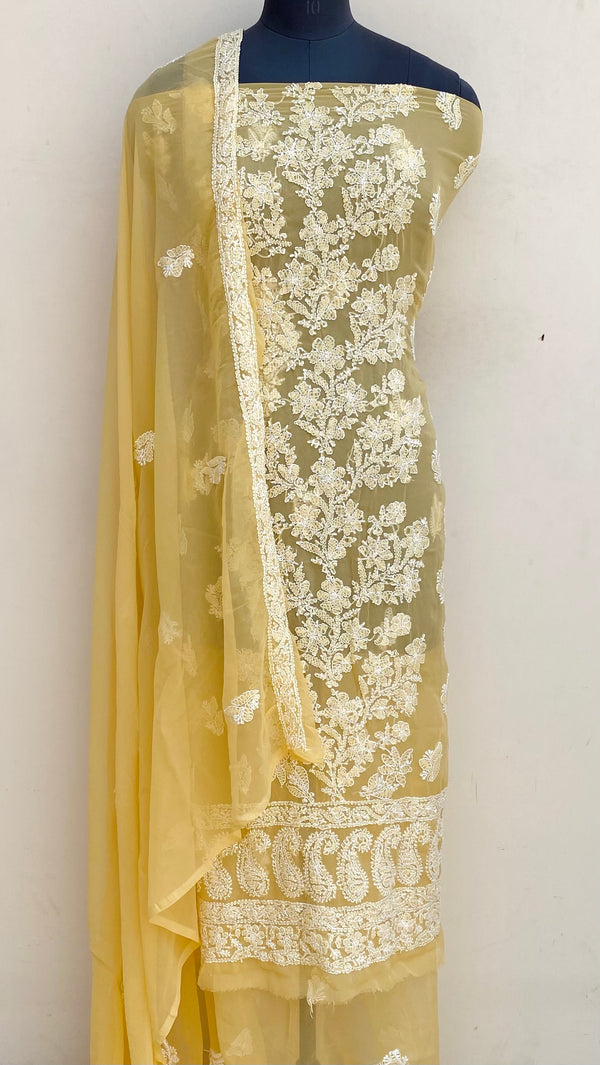 Lucknowi Chikankari Suit Length 3 Piece Beige Georgette