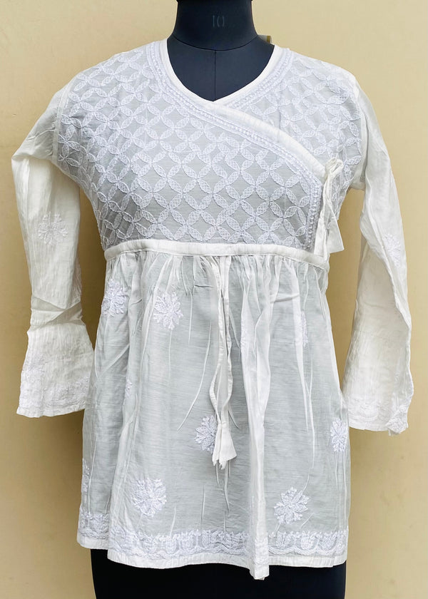 Lucknowi Chikankari Short Kurti White Mal Chanderi With Self 3D Work