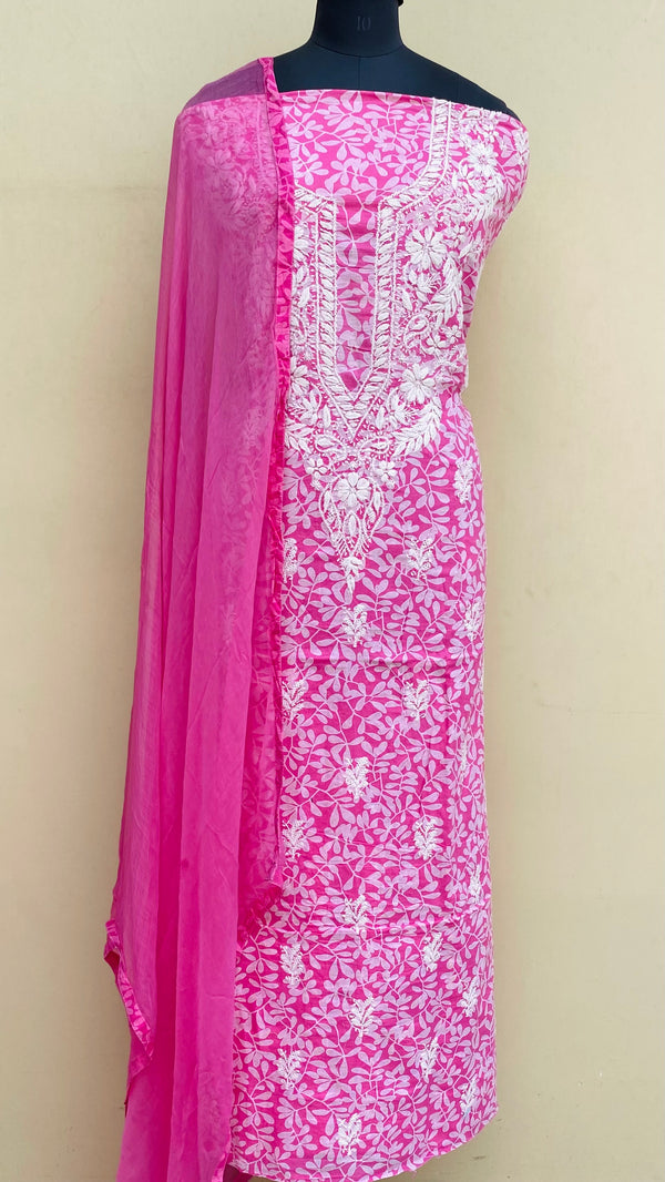 Lucknowi Chikankari Suit Length 3 Piece Pink Printed Mulmul Cotton