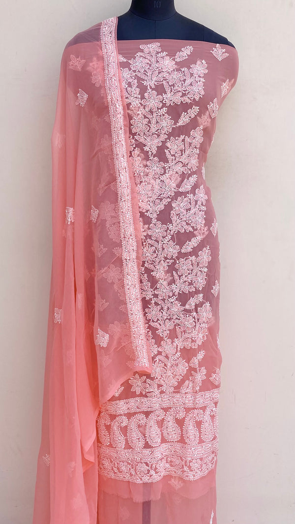 Lucknowi Chikankari Suit Length 3 Piece Peach Georgette