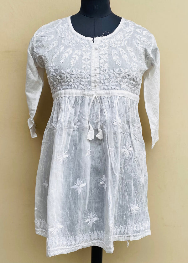 Lucknowi Chikankari Short Kurti White Mal Chanderi With Self 3D Work