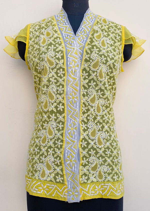 Lucknowi Chikankari Short Kurti Yellow Georgette With Jaali Work