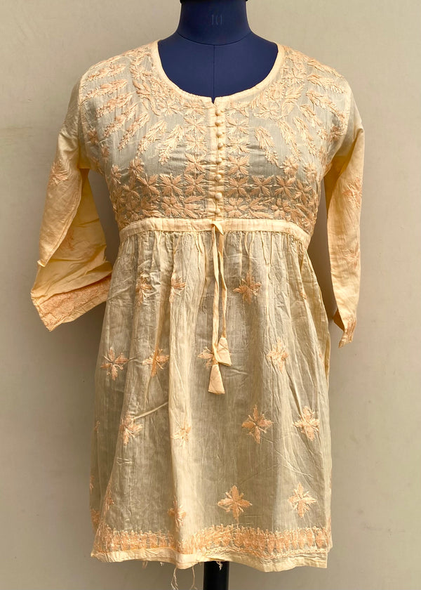 Lucknowi Chikankari Short Kurti Peach Mal Chanderi With Self 3D Work